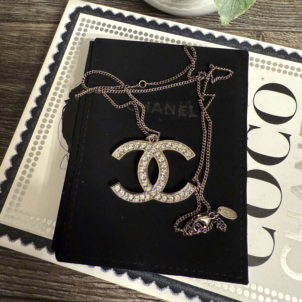 CHANEL Large Silver Crystal CC Pendant Necklace